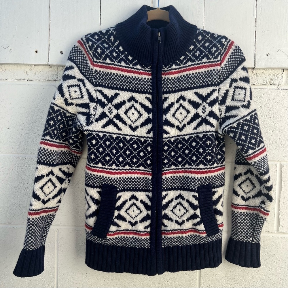 Esprit Navy and White Geometric Zip-Up Sweater
